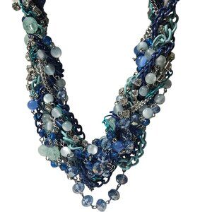 Y2K Blue Silver Beaded Necklace Chunky Twisted Mixed Media Chain Details Jewelry